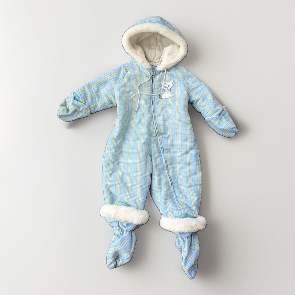 Vtg Weather Tamer Baby Snowsuit 18 Mo Plaid One Piece Hooded Bunting Cat Blue